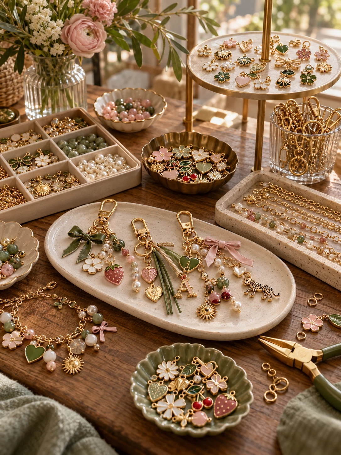 Concept image: Organized DIY charm bar with jewelry and keychain supplies