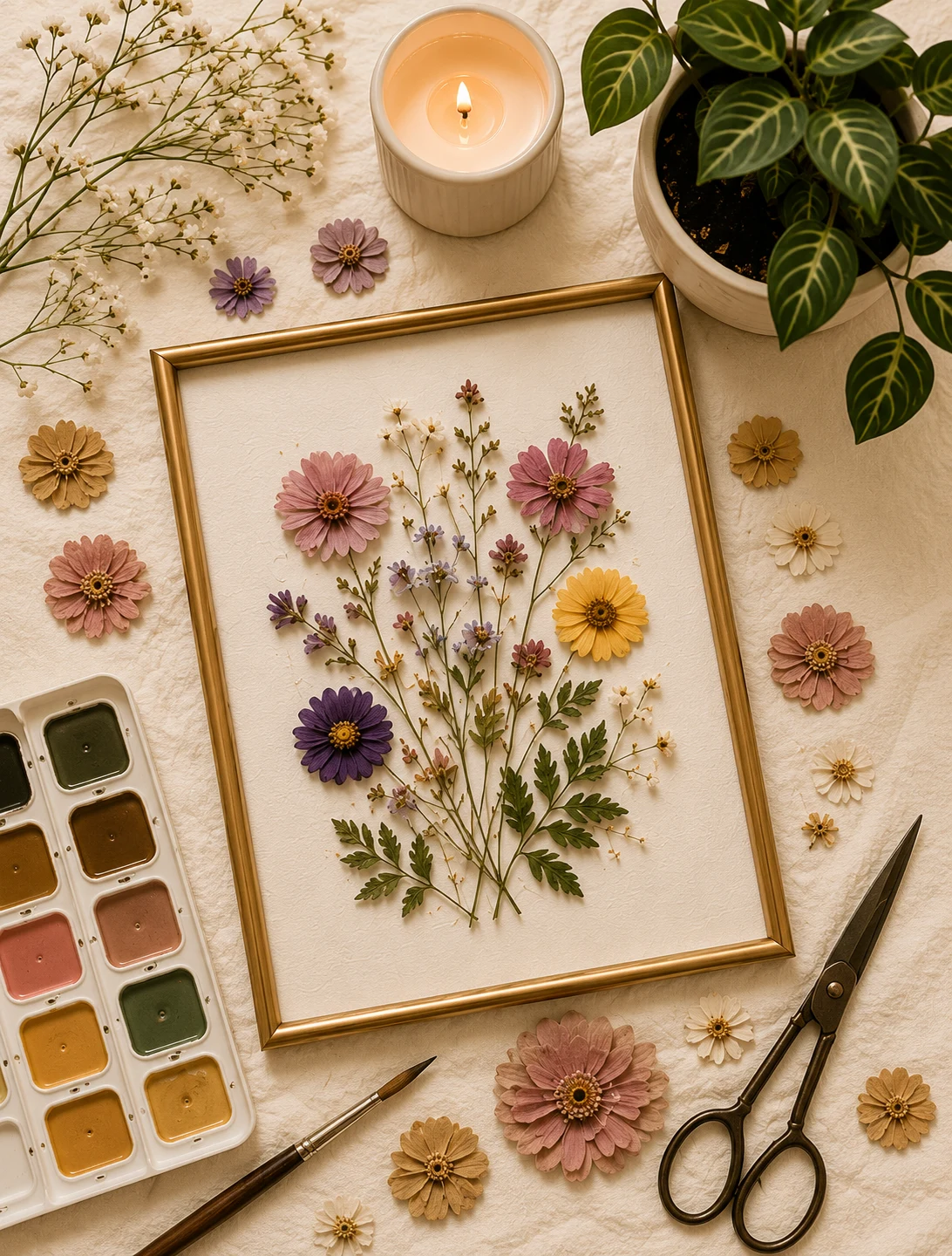 Concept image: Colorful pressed flower artwork in a gold frame
