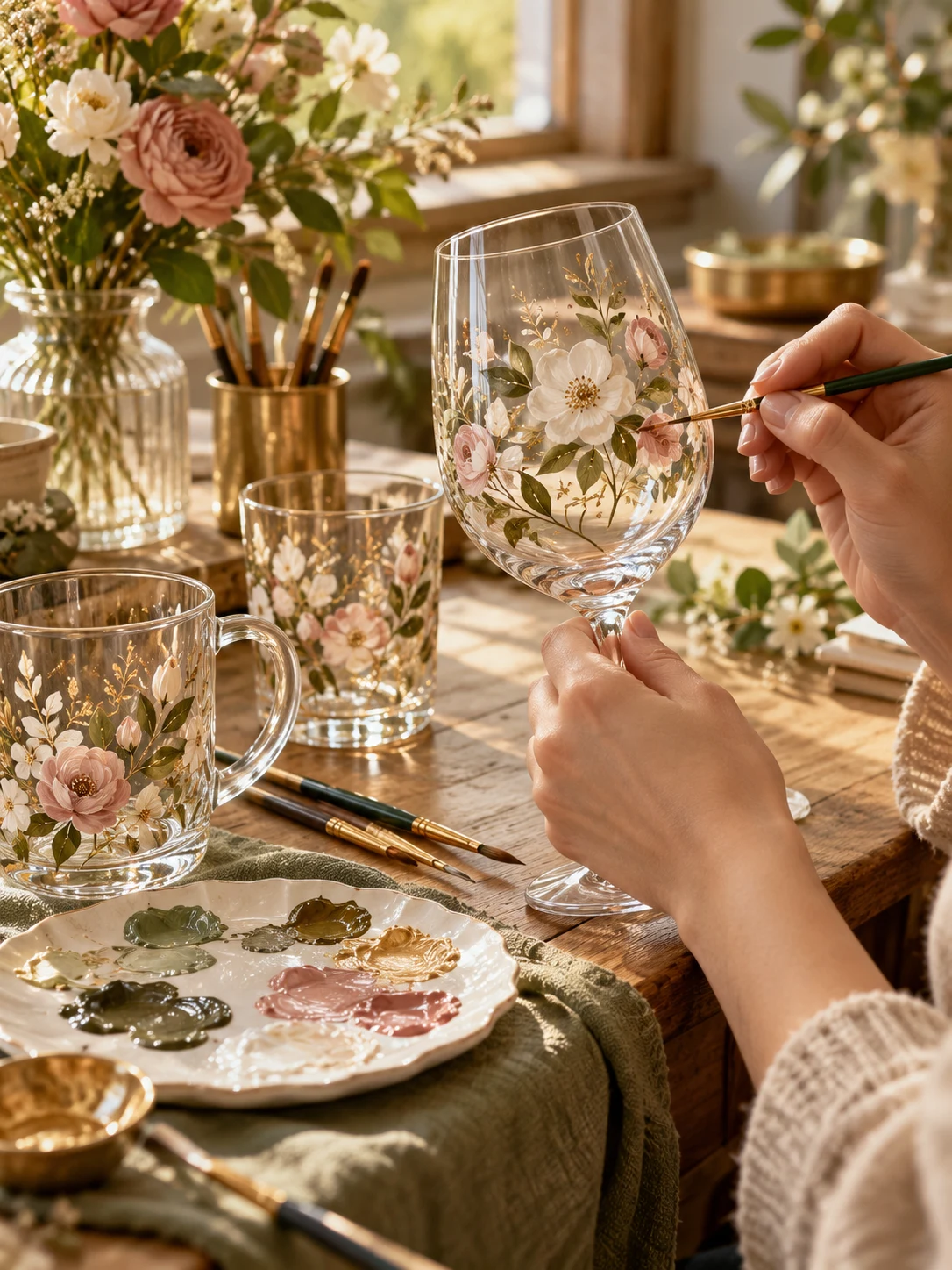 Concept image: Floral painting on wine glasses, a mug, and a tumbler