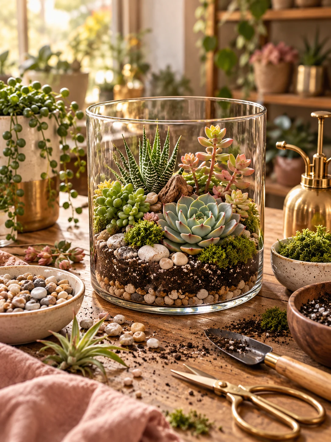 Concept image: Succulent terrarium and plant crafting supplies