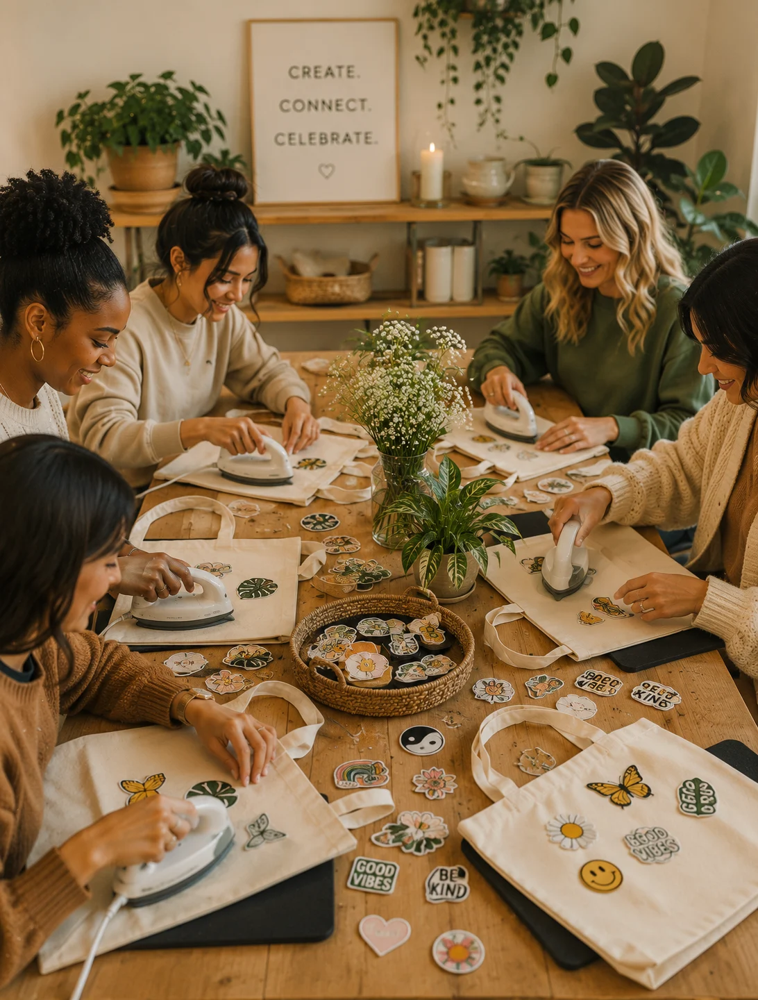 Concept image: Friends decorating canvas tote bags